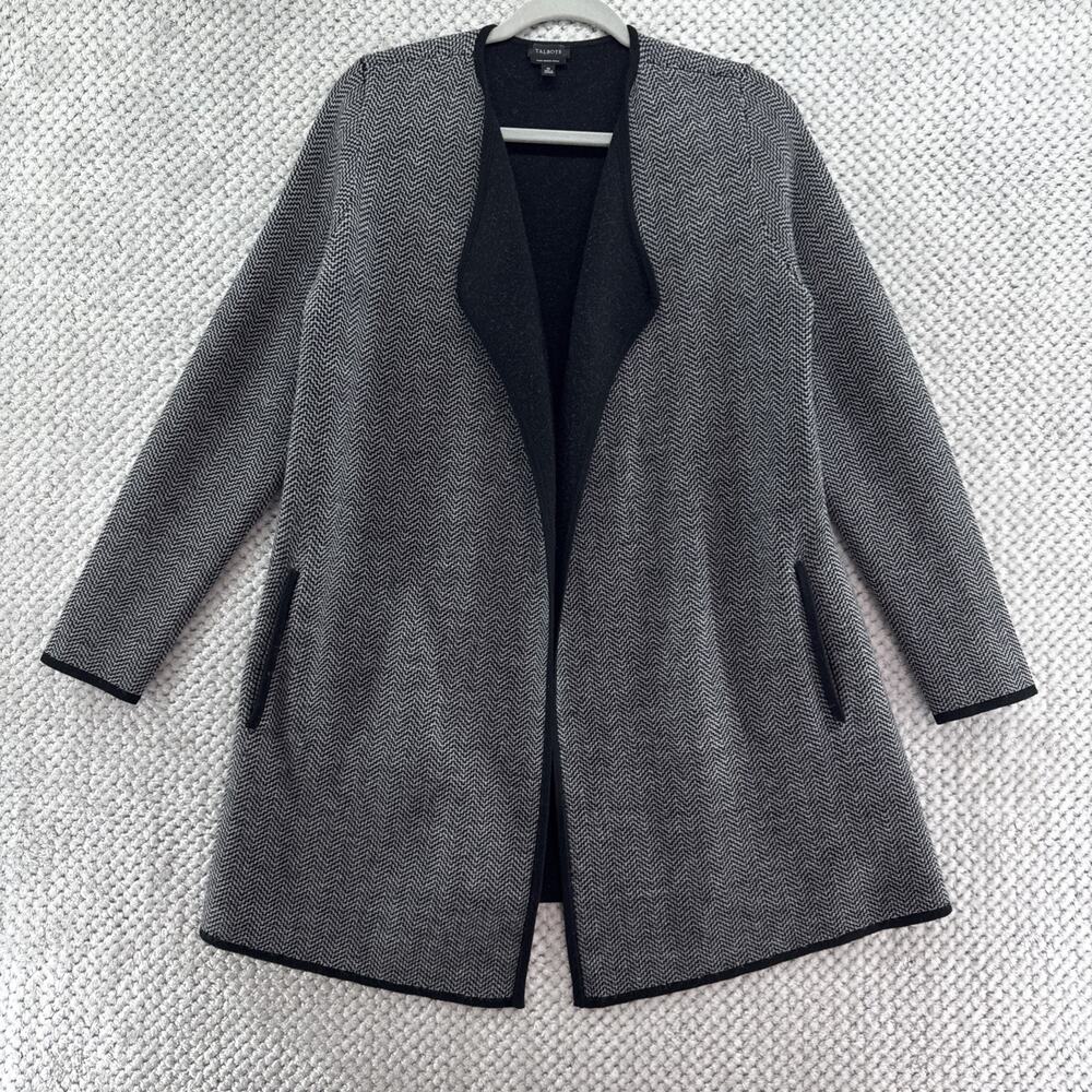 Talbots Pure Merino Wool Cardigan Womens M Black White Herringbone Pockets